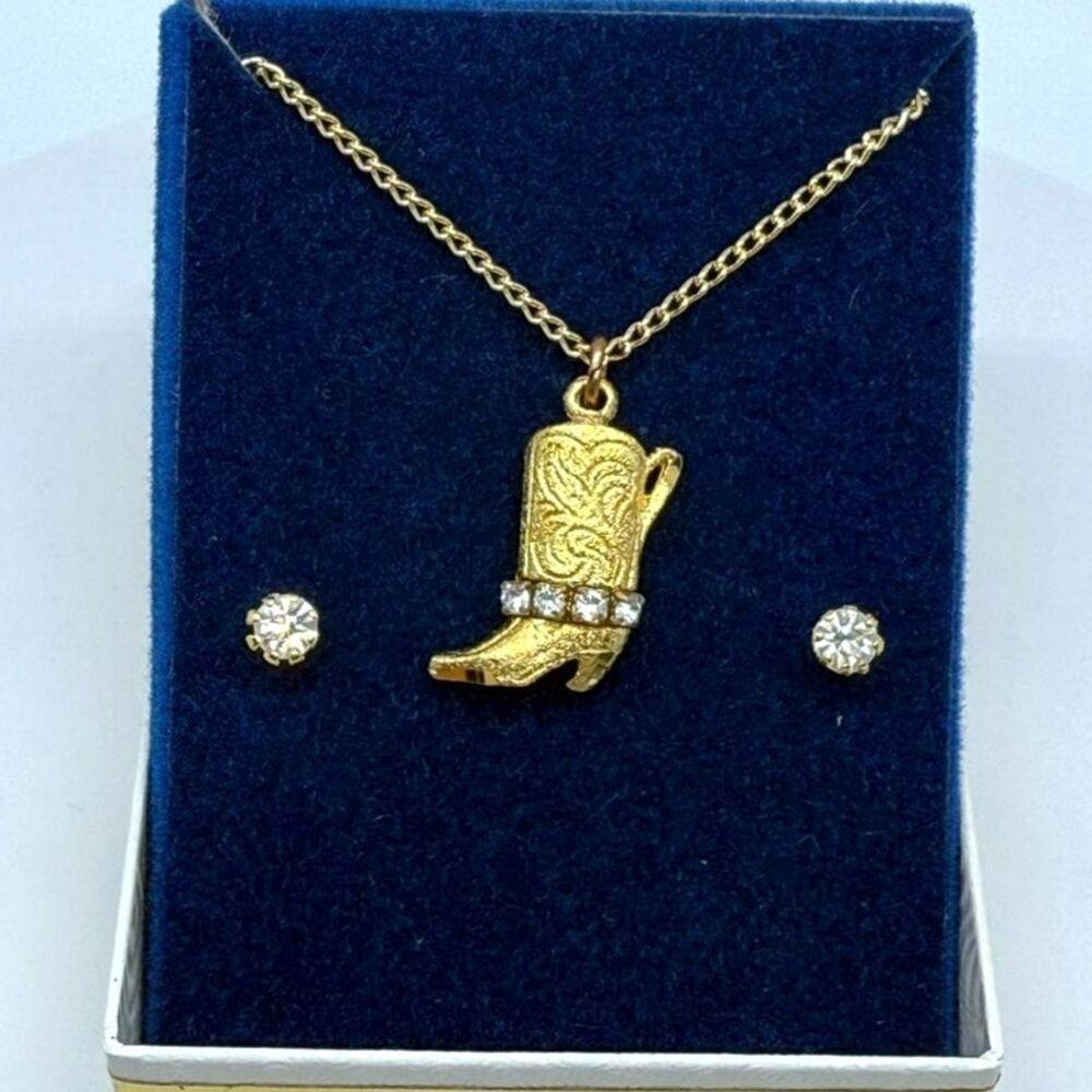 Vintage 90's Cowboy Boot Necklace and rhinestone stud earring set